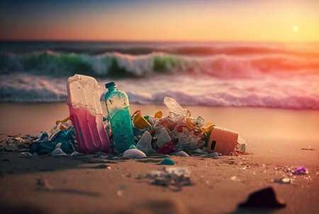 trash scattered on the beach. generative aiの素材