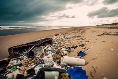 trash scattered on the beach. generative aiの素材