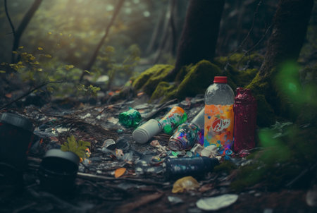 trash strewn forest.pollution concept. generative aiの素材