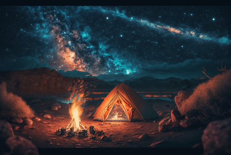 Night camping with bonfire and tent under clear starry sky and milky way. generative aiの素材