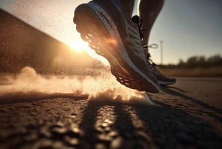 Close up of shoes, athlete's foot runner running on the street in the sun in the morning. generative aiの素材