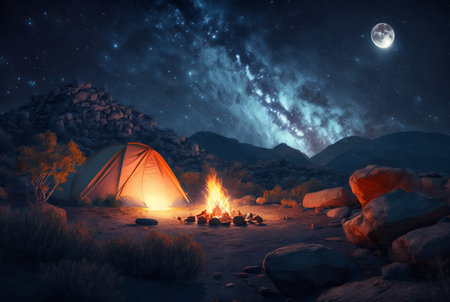Night camping with bonfire and tent under clear starry sky and milky way. generative aiの素材