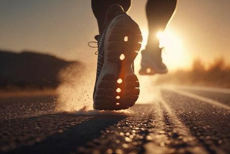 Close up of shoes, athlete's foot runner running on the street in the sun in the morning. generative aiの素材