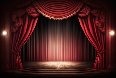 Magic theater stage red curtains Show Spotlight. Generative AIの素材