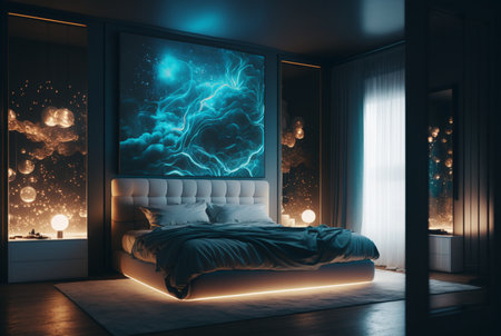 A luxurious domestic room illuminated at night, with intricate furniture and architecture showcasing wealth and comfort. generative aiの素材
