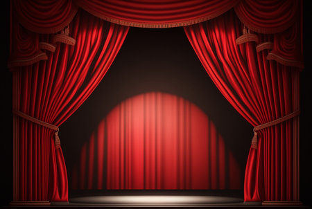 Magic theater stage red curtains Show Spotlight. Generative AIの素材