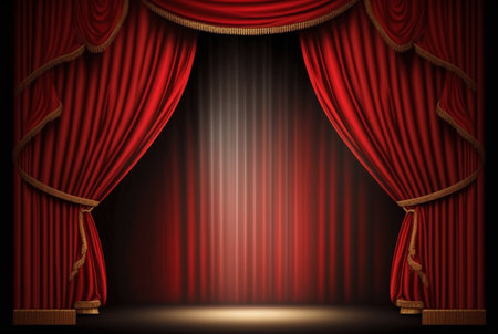 Magic theater stage red curtains Show Spotlight. Generative AIの素材