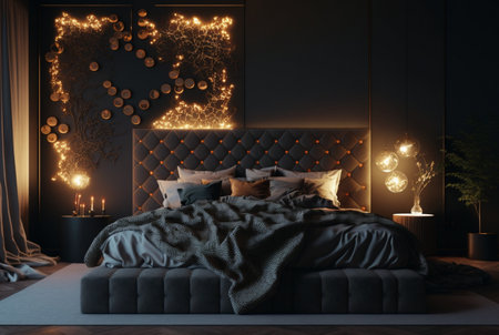 A luxurious domestic room illuminated at night, with intricate furniture and architecture showcasing wealth and comfort. generative aiの素材