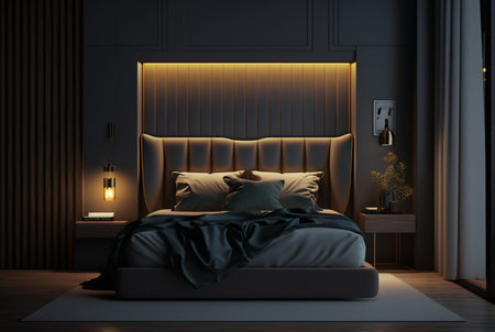 A luxurious domestic room illuminated at night, with intricate furniture and architecture showcasing wealth and comfort. generative aiの素材