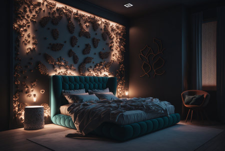 A luxurious domestic room illuminated at night, with intricate furniture and architecture showcasing wealth and comfort. generative aiの素材