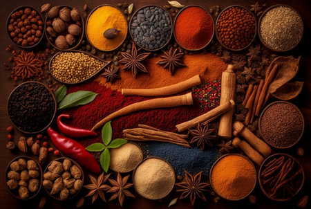 Herbs and spices are neatly arranged. generative aiの素材