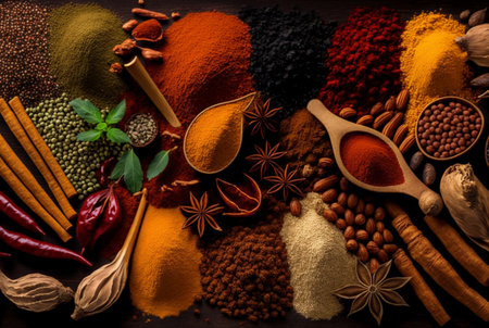 Herbs and spices are neatly arranged. generative aiの素材