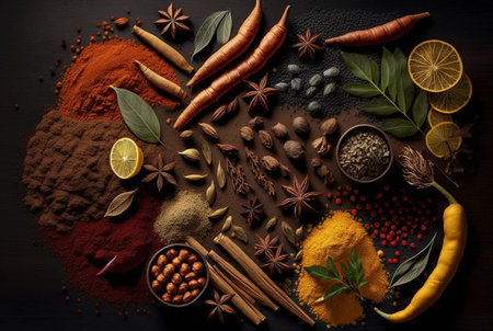 Herbs and spices are neatly arranged. generative aiの素材