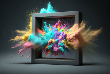 Product display frame with colorful powder paint explosion. Generative AIの素材