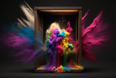 Product display frame with colorful powder paint explosion. Generative AIの素材