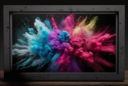 Product display frame with colorful powder paint explosion. Generative AIの素材