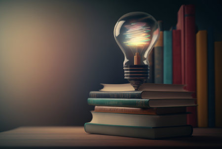 Light bulb with pile of conceptual books for inspiration, innovation, creativity through reading. Ai generativeの素材
