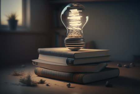 Light bulb with pile of conceptual books for inspiration, innovation, creativity through reading. Ai generativeの素材