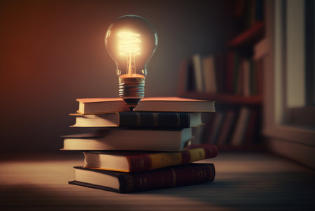 Light bulb with pile of conceptual books for inspiration, innovation, creativity through reading. Ai generativeの素材