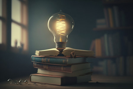 Light bulb with pile of conceptual books for inspiration, innovation, creativity through reading. Ai generativeの素材