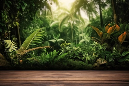 Empty of wood table top on beautiful tropical leaf from garden backgrounds.generative aiの素材