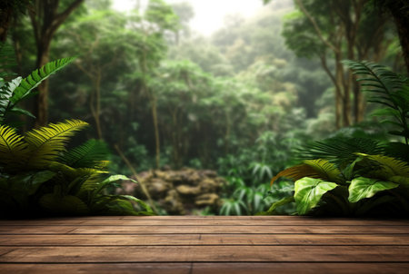 Empty of wood table top on beautiful tropical leaf from garden backgrounds.generative aiの素材