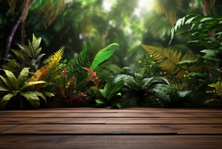 Empty of wood table top on beautiful tropical leaf from garden backgrounds.generative aiの素材