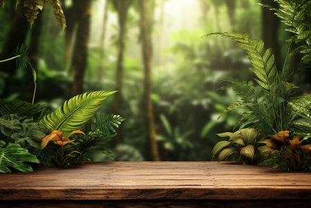 Empty of wood table top on beautiful tropical leaf from garden backgrounds.generative aiの素材