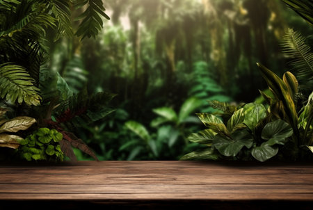 Empty of wood table top on beautiful tropical leaf from garden backgrounds.generative aiの素材