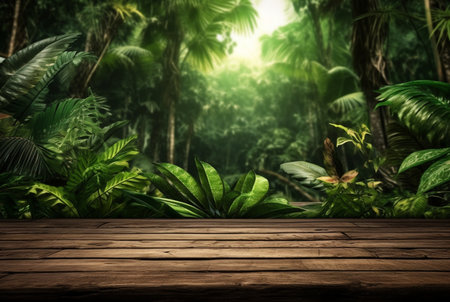 Empty of wood table top on beautiful tropical leaf from garden backgrounds.generative aiの素材