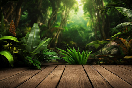 Empty of wood table top on beautiful tropical leaf from garden backgrounds.generative aiの素材
