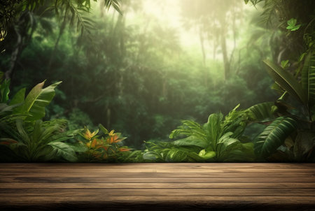 Empty of wood table top on beautiful tropical leaf from garden backgrounds.generative aiの素材