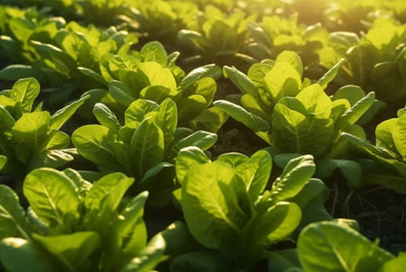 Background with Lettuce plantation field. Healthy natural food and vegetable background concept. generative aiの素材