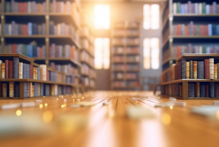 Abstract empty college library interior room. Blurred classroom with bookshelves with defocus effect. generative aiの素材