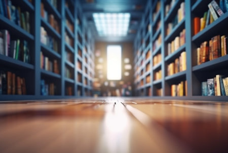 Abstract empty college library interior room. Blurred classroom with bookshelves with defocus effect. generative aiの素材
