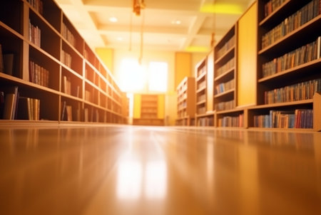 Abstract empty college library interior room. Blurred classroom with bookshelves with defocus effect. generative aiの素材