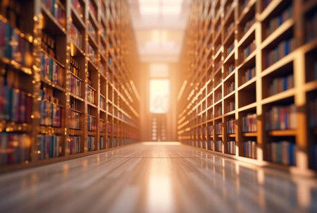 Abstract empty college library interior room. Blurred classroom with bookshelves with defocus effect. generative aiの素材