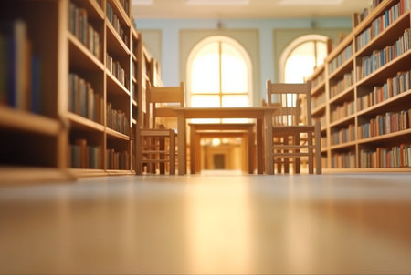 Abstract empty college library interior room. Blurred classroom with bookshelves with defocus effect. generative aiの素材