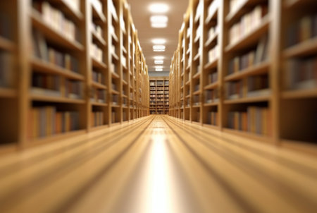 Abstract empty college library interior room. Blurred classroom with bookshelves with defocus effect. generative aiの素材