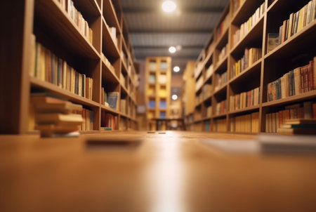 Abstract empty college library interior room. Blurred classroom with bookshelves with defocus effect. generative aiの素材