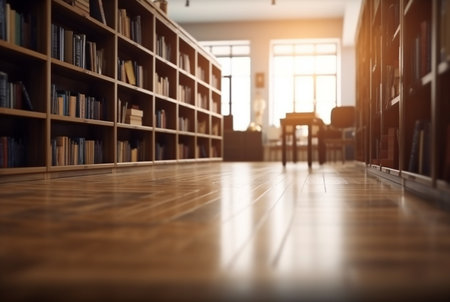 Abstract empty college library interior room. Blurred classroom with bookshelves with defocus effect. generative aiの素材