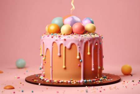 Colorful birthday cake on pastel background. generative aiの素材