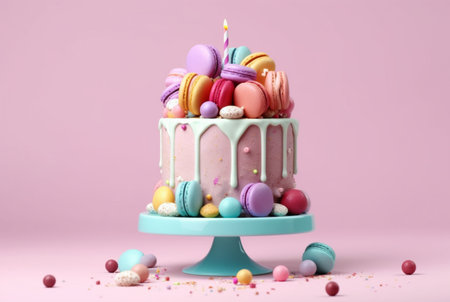 Colorful birthday cake on pastel background. generative aiの素材