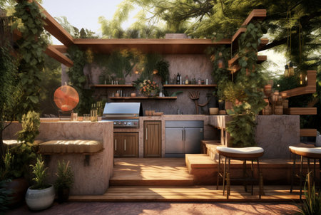 outdoor entertainment area with built-in barbercue and prepared bar. generative aiの素材
