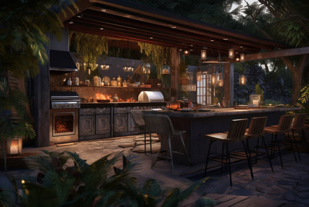 outdoor entertainment area with built-in barbercue and prepared bar. generative aiの素材