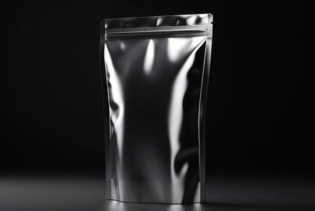 Blank foil food bag isolated on black background. generative aiの素材