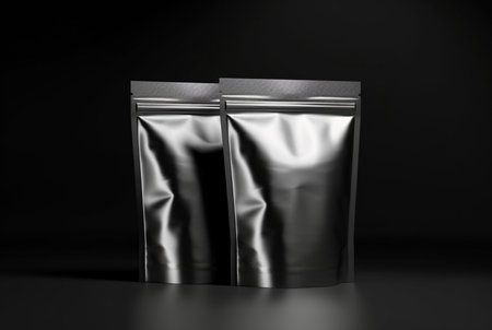 Blank foil food bag isolated on black background. generative aiの素材