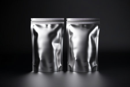 Blank foil food bag isolated on black background. generative aiの素材