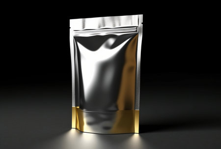 Blank foil food bag isolated on black background. generative aiの素材