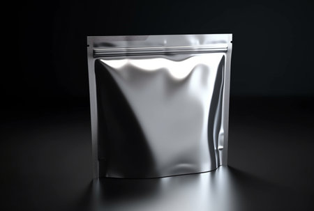Blank foil food bag isolated on black background. generative aiの素材